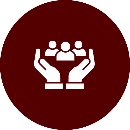 Hands holding people icons on red circle.