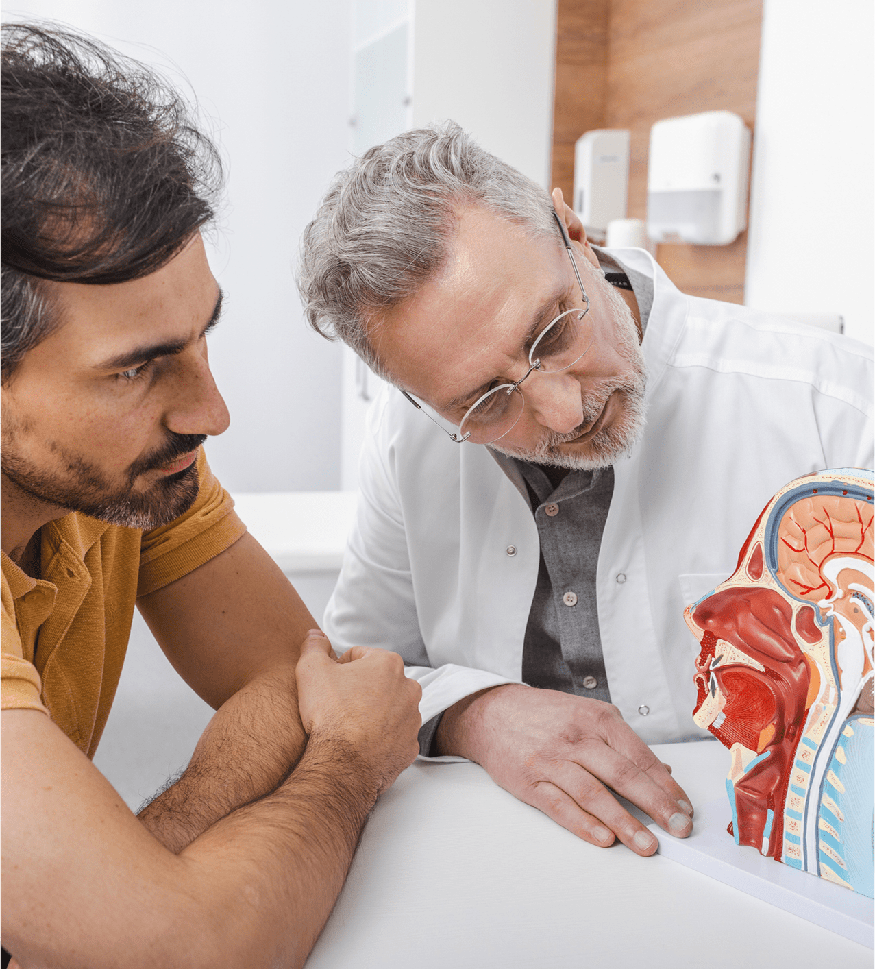 Doctor explaining brain anatomy to patient using a model.